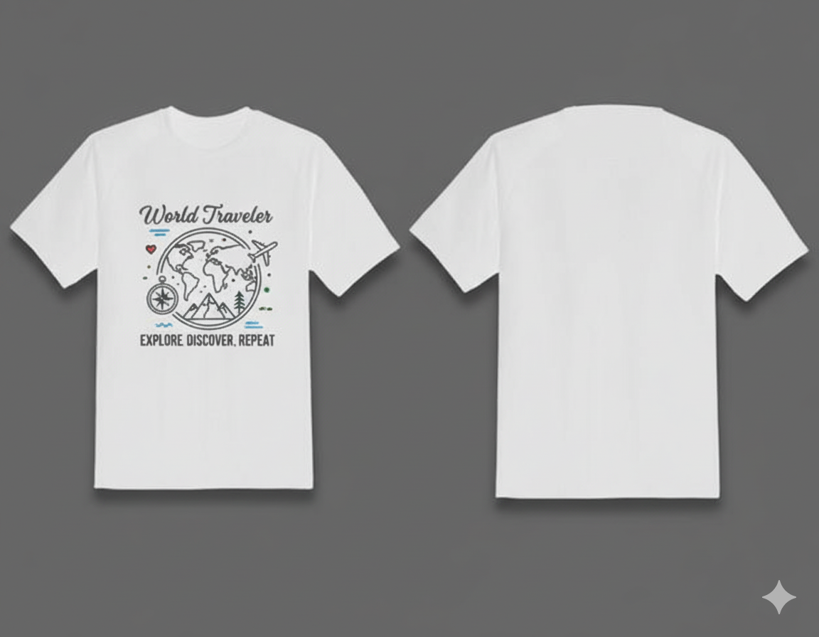 World Traveler Printed T-Shirt β Explore. Discover. Repeat. (Unisex)