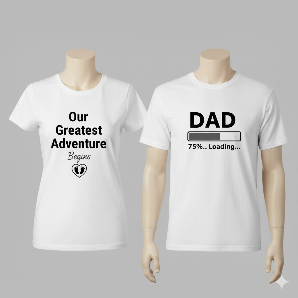 Our Greatest Adventure Begins / Dad Loading – Matching Pregnancy Reveal Couple T-Shirt Set