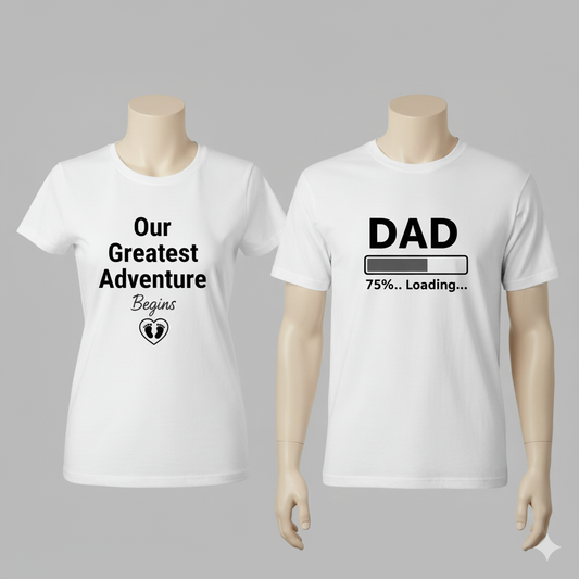 Our Greatest Adventure Begins / Dad Loading – Matching Pregnancy Reveal Couple T-Shirt Set